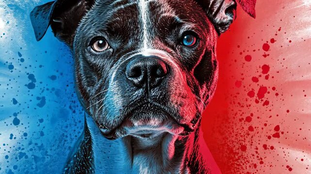 A close-up of a black and white dog's face, with blue and red splatter paint in the background