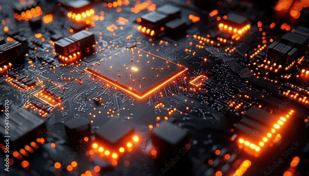 Poster illuminated circuit board with a glowing central processor