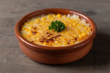 A serving of canjica, a sweet corn pudding made with coconut milk, sugar, and cinnamon, served in a rustic ceramic bowl.