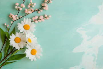 Bright white daisies and delicate pink blossoms arranged on a soft turquoise background, creating a vibrant springtime display
