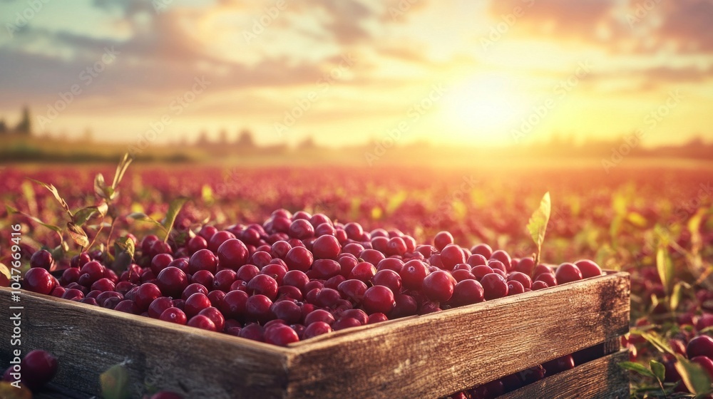 Poster a crate full of red cherries sits in a field
