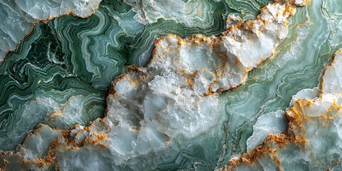Obraz premium Close-up of Green and White Onyx Stone with Golden Veins