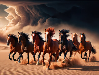 Horse herd run in desert sand storm against dramatic sky
