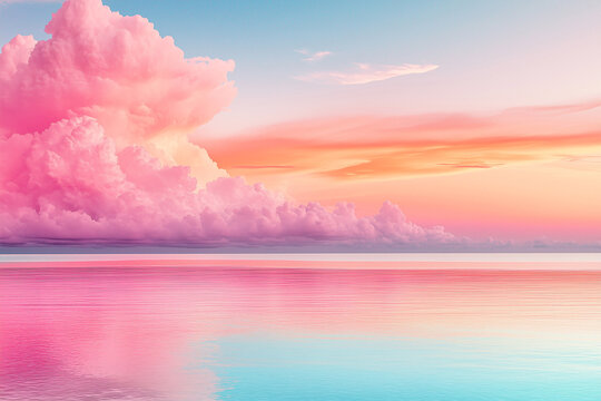 A serene sunset reflecting vibrant pink hues over a calm ocean, creating a tranquil atmosphere at twilight