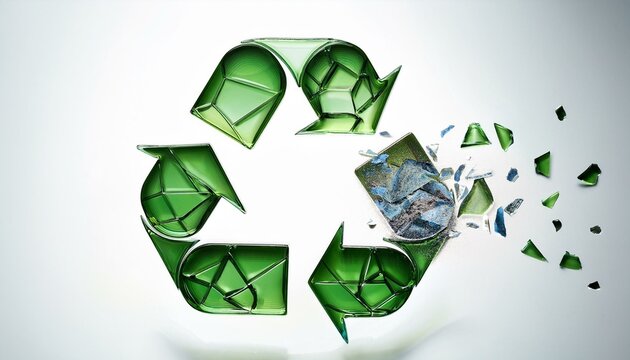 Logomarca universal da reciclagem, constru&iacute;da com cacos de vidro