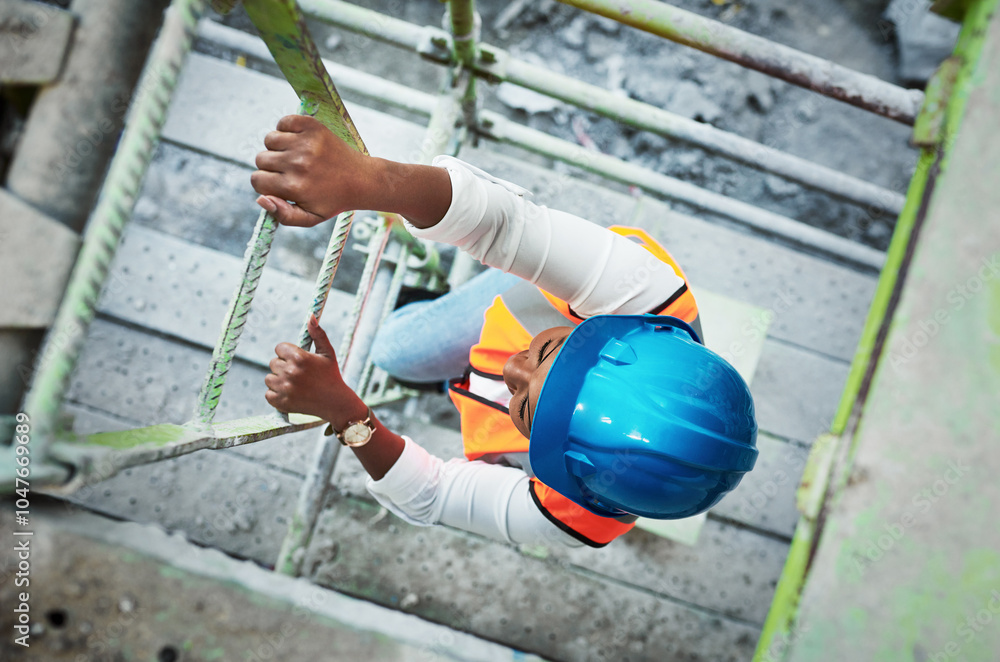 Poster Ladder, construction and worker in building with engineering, scaffolding and handyman inspection from top. Industrial, helmet and person with contractor project and protection with gear and engineer
