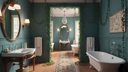 bathroom with giant Victorian-style mirror