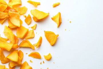 Fototapeta premium Chopped dried mango slices scattered artistically on a clean white background showcasing a healthy snack option for any time of day