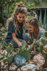 Obraz premium Caucasian mother and daughter are planting cacti in the front garden.