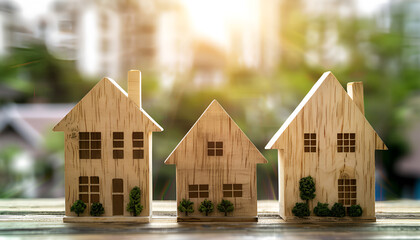 Wooden houses stand in a row. Real estate, affordable housing concept. Valuation of residential buildings. Realtor services. Buying and selling. Find most suitable housing options. Mortgage and loan