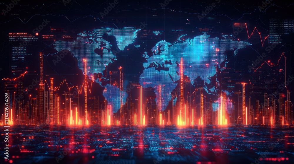 Aufkleber Digital World Map with Cityscape and Data Visualizations