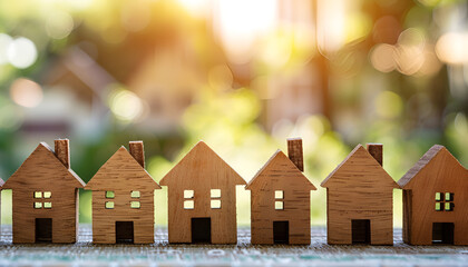 Wooden houses stand in a row. Real estate, affordable housing concept. Valuation of residential buildings. Realtor services. Buying and selling. Find most suitable housing options. Mortgage and loan