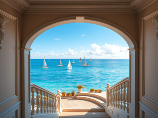 Fototapeta premium Sailboats sailing on a clear blue ocean viewed from a grand staircase overlooking the water in a coastal setting