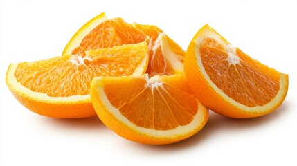 Orange slices and whole oranges, showcased on a white background, highlighting their vivid orange color