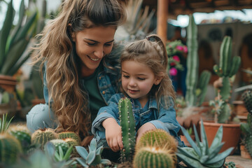 Caucasian mother and daughter are planting cacti in the front garden.