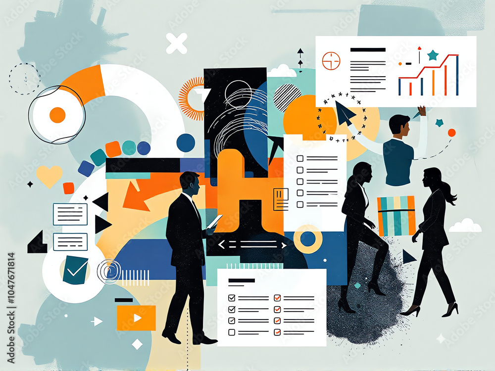 Poster creative workspace with professionals collaborating on visual data analysis and project planning