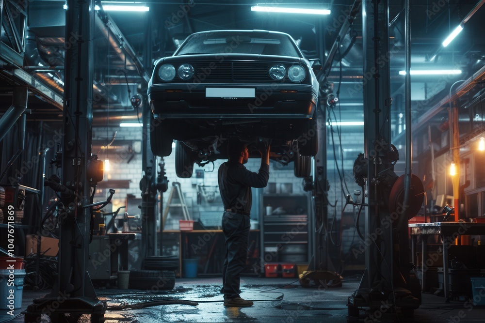 Poster a mechanic performs detailed work under a car elevated on a hoist in a bustling workshop environment
