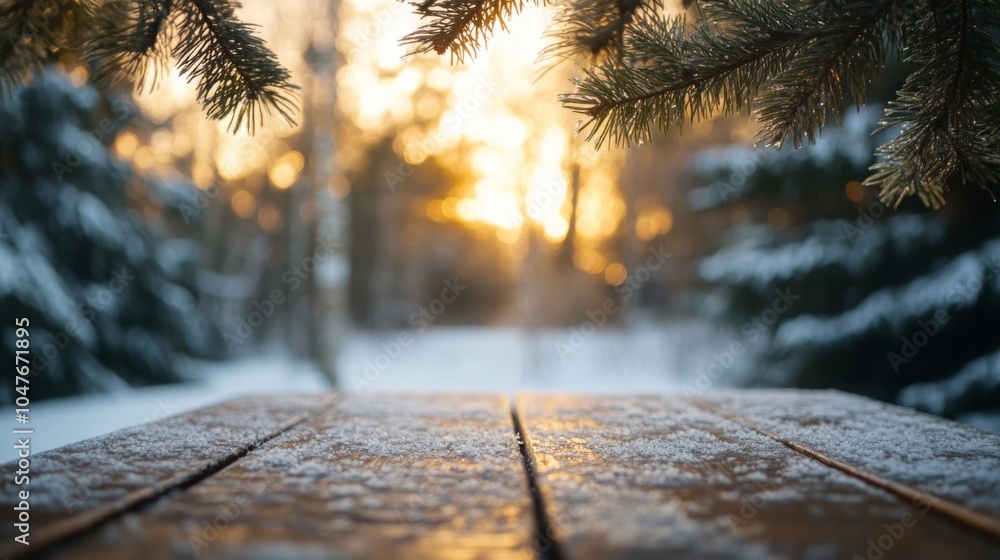 Poster a wooden table adorned with fresh snow stands in a tranquil forest during sunset. soft sunlight filt