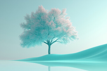 Fototapeta premium A serene single tree with pastel pink foliage reflected in tranquil waters on a misty morning in a digital landscape