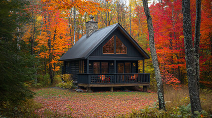A cozy cabin nestled in a forest, surrounded by vibrant red, orange, and yellow leaves