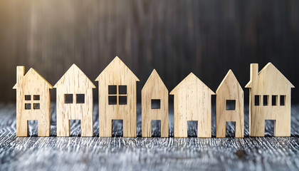Wooden houses stand in a row. Real estate, affordable housing concept. Valuation of residential buildings. Realtor services. Buying and selling. Find most suitable housing options. Mortgage and loan