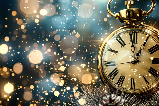 Gold clock with roman numerals showing the time of 11:30. The clock is surrounded by snowflakes, giving the image a festive and cozy atmosphere