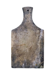 An old, weathered wooden cutting board with a handle