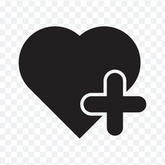 add to favorite heart icon. heart icon with plus. Favorite or love heart icon on PNG background. vector illustration.