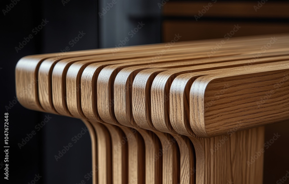 Poster unique handcrafted wooden table with intricate wave patterns, showcased in a modern setting