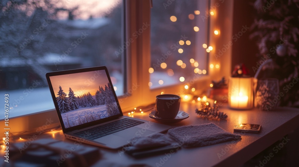 Aufkleber a warm and inviting workspace features a laptop displaying a snowy landscape, accompanied by a steam