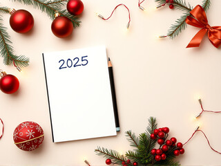 New Year’s planning for 2025 with festive decorations, including ornaments and greenery, on a light background