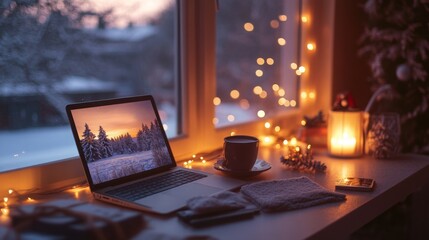 A warm and inviting workspace features a laptop displaying a snowy landscape, accompanied by a steaming cup of tea. Twinkling lights illuminate the cozy setting near a frosty window at dusk.