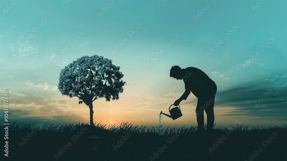 Poster a silhouette of a man nourishes a tree resembling a brain at dusk, illustrating the connection betwe