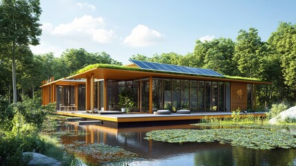Fototapeta premium An eco-friendly home design, featuring solar panels, a green roof, and rainwater harvesting systems.