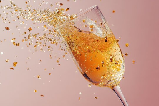 Sparkling drink explodes from a glass, creating a burst of golden particles in the air