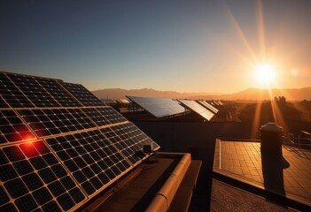 Solar panels against a sunset sky