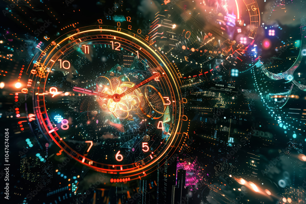 Poster gold clock with roman numerals showing the time of 11:30. the clock is surrounded by snowflakes, giv