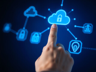 A person interacts with digital cloud security symbols, illustrating data protection and technology connections in a modern setting
