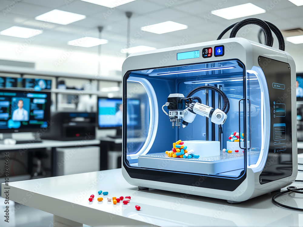 Poster advanced 3d printer in a modern laboratory creating colorful objects during a daytime research sessi