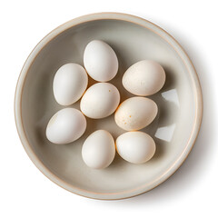 Front view of white fresh chicken eggs in a plate, isolated on a white background