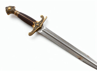 Intricately designed decorative sword with a polished blade and ornate handle displayed against a plain background