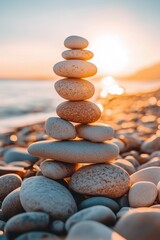 A stack of rocks on a beach with the sun setting in the background