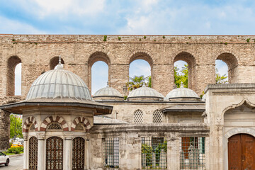 Historical Gazanfer Aga Madrasah and water fountain located under the Bozdogan aqueduct. Gazanfer...