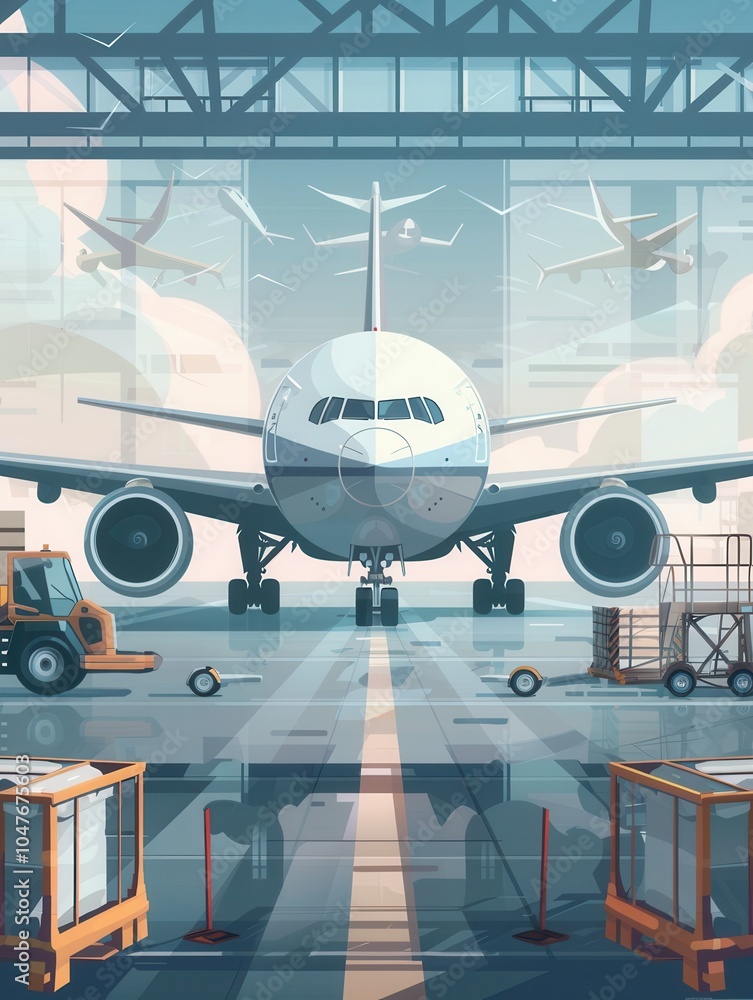 Poster A large cargo airplane sits on the runway, surrounded by equipment for loading and unloading freight containers in bright daylight. Generative AI