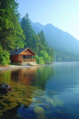 Fototapeta premium A charming wooden cabin sits by the edge of a crystal-clear lake, surrounded by a peaceful forest with towering pine trees and mountains in the background.