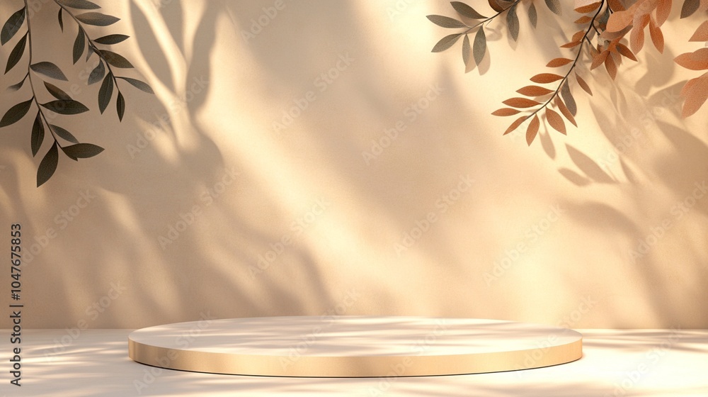 Poster elegant golden podium against beige backdrop with delicate leaf shadows, creating a serene and minim