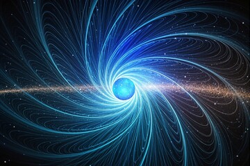 Obraz premium Dynamic swirling magnetic field lines converging into a bright central sphere in space