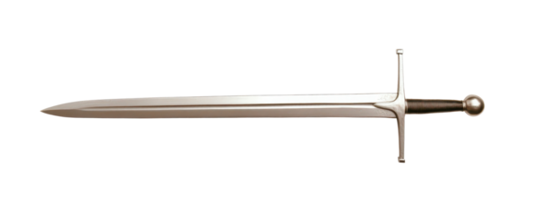 a medieval sword with a shiny blade and intricate hilt, isolated on a white background.