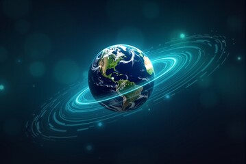 Fototapeta premium Earth surrounded by luminous magnetic field lines in a dark cosmic background