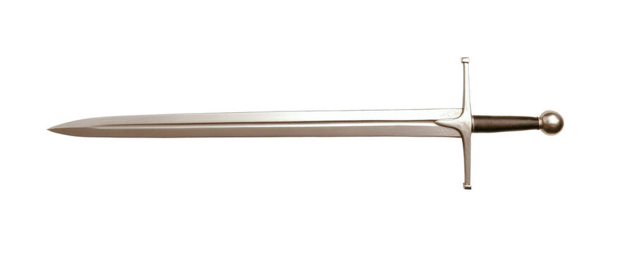 a medieval sword with a shiny blade and intricate hilt, isolated on a white background.